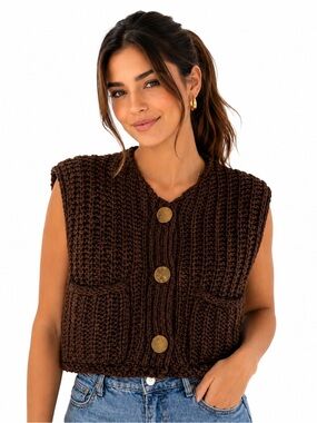Chunky Knit Brown Sweater Vest Button Front Stretch Fit S-L